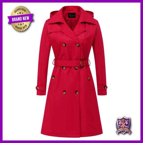 Long Trench Coat Double-Breasted Classic Lapel Slim Fit Belted Detachable Hood